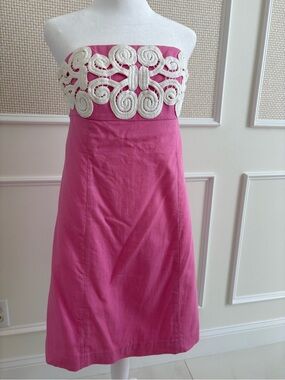 Lilly Pulitzer Strapless Pink Dress with white crochet lace trim